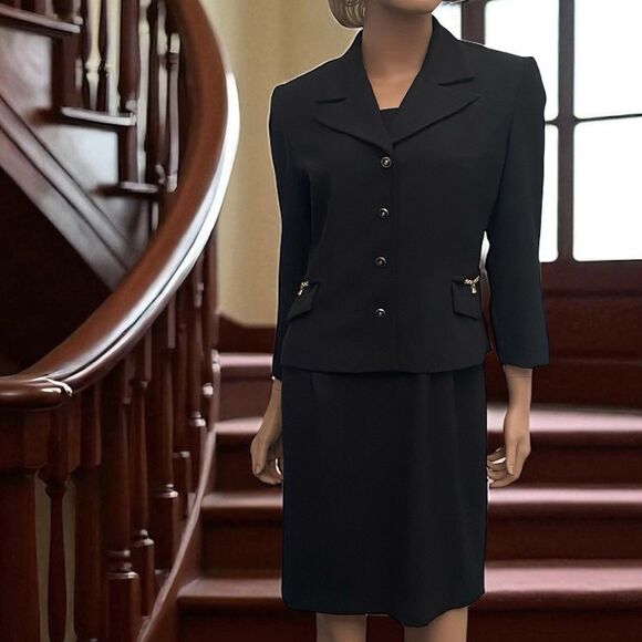 Virgo Womens 10 Petite 2pc Black Blazer Suit Jacket Dress Set Union Label USA - Picture 1 of 16
